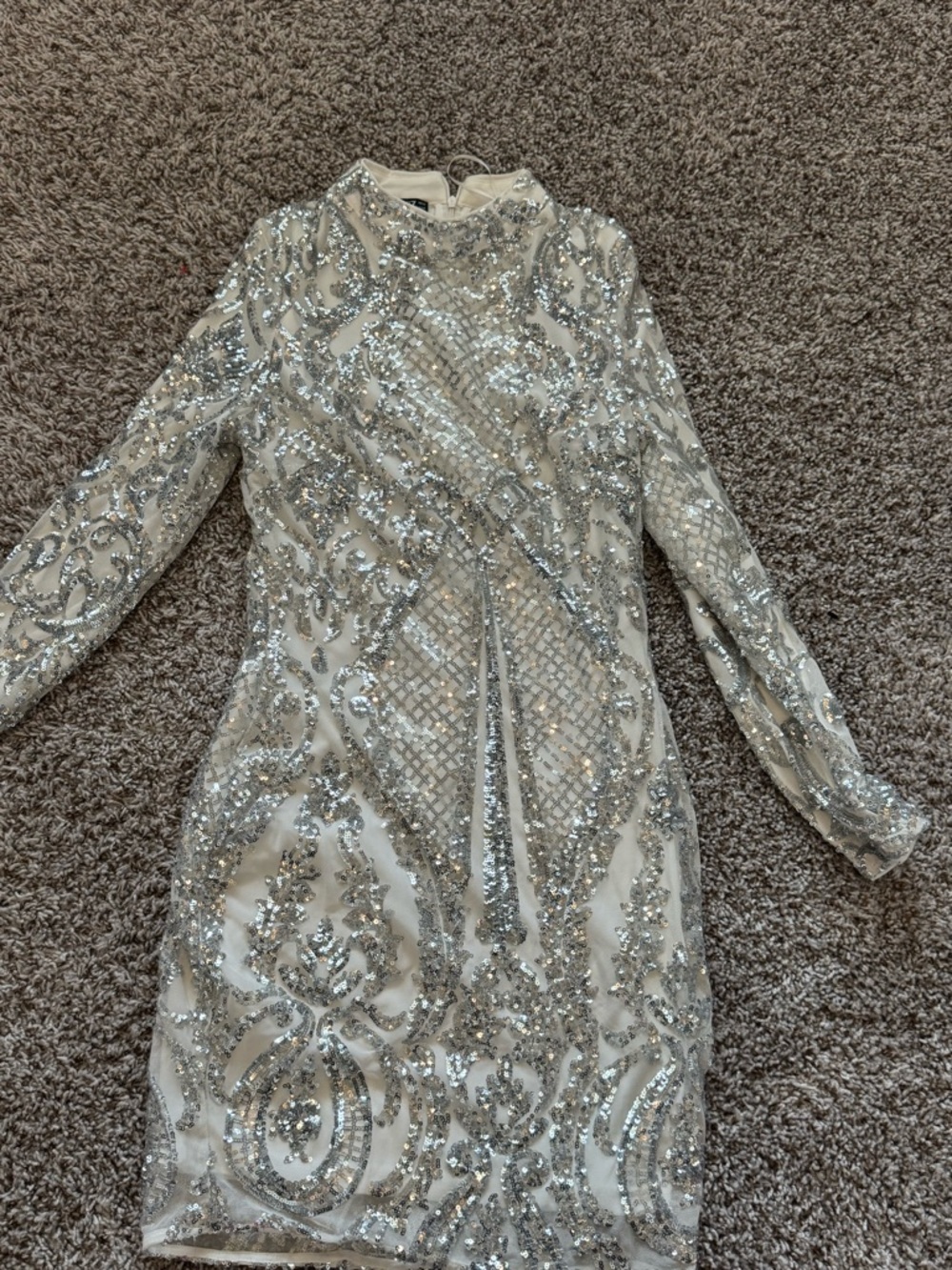 Silver Sequin Embellished Long-Sleeve Prom Dress